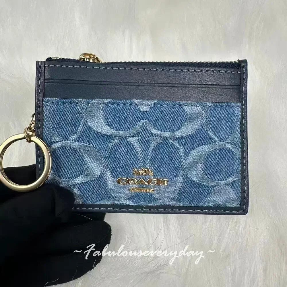 Coach Mini Skinny Id Case In Signature Denim With Keyring CDF94 NWT